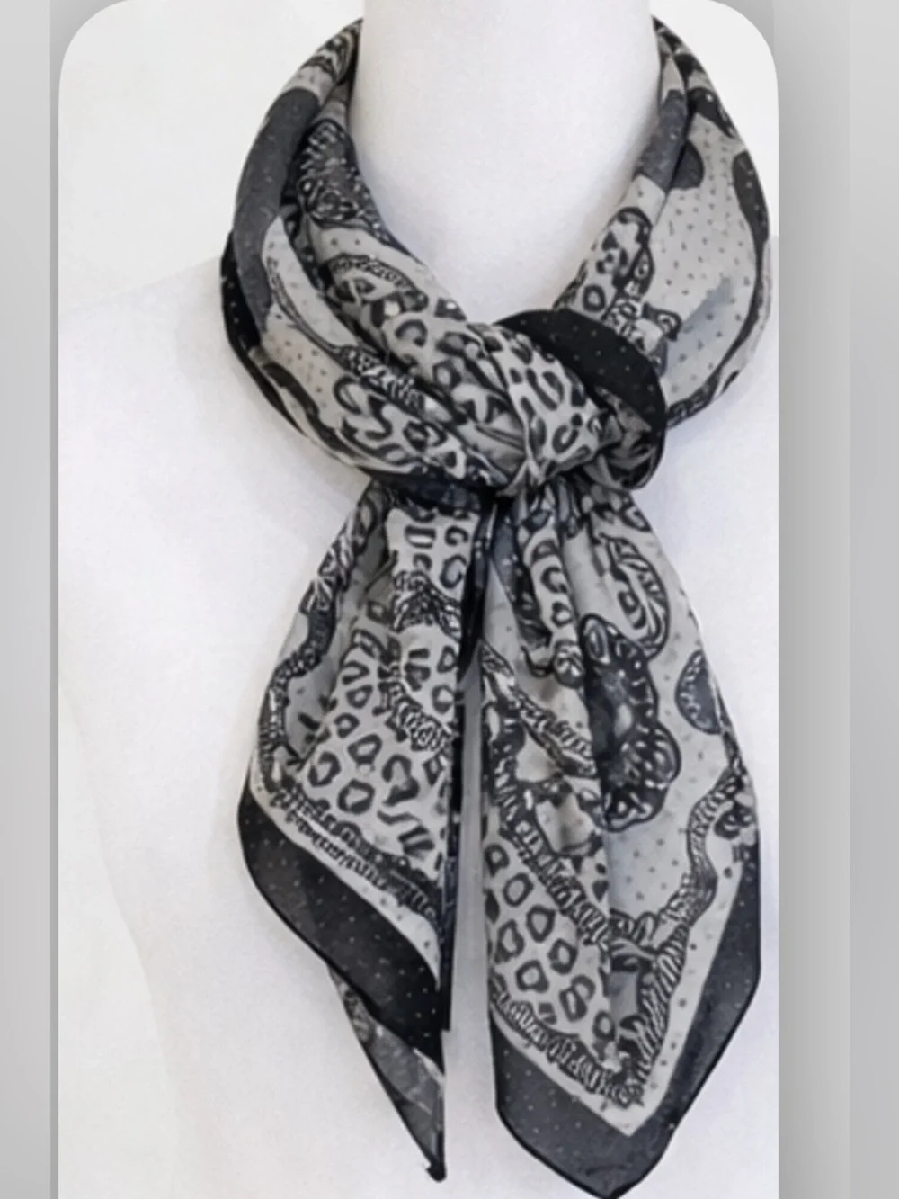 Black Gray Ivory Large Square Foulard Scarf Gold Metallic Dot Sheer Wrap 41”